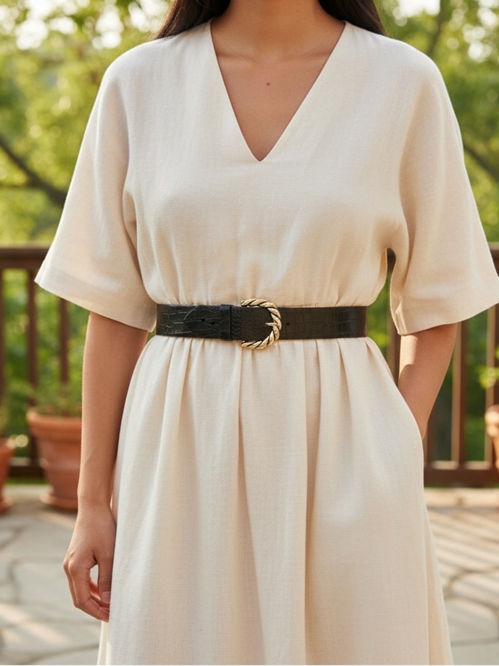 Express Black Faux-Croc Leather Belt with Gold Twisted Chain Buckle